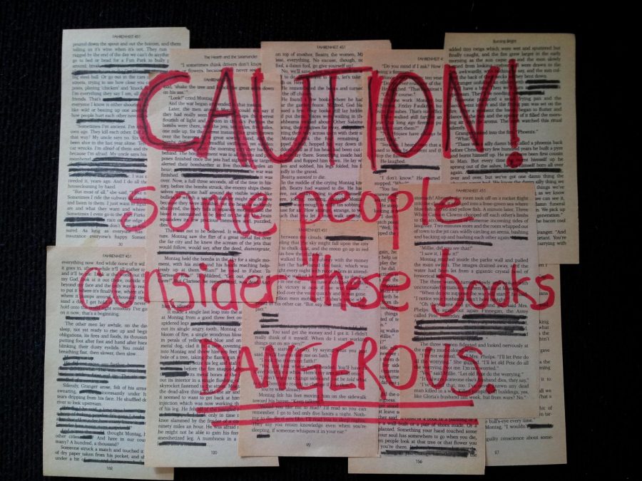 A display for Banned Books Week made with a copy of Fahrenheit 451.