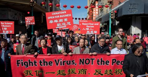 Hundreds of Chinatown residents protesting against racism toward the Chinese community in San Francisco, California.
