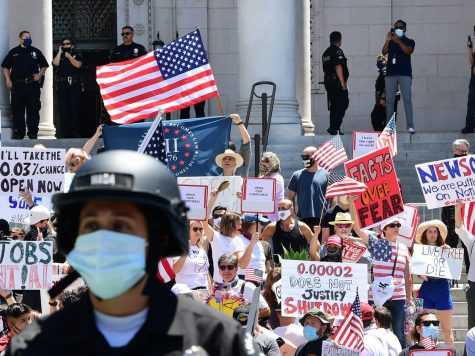Demonstrators protesting in front of Los Angeles City Hall in May 2020 to demand an end to California’s shutdown.
