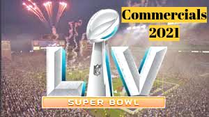 This image shows the super bowl logo. With 2021 commercials next to it.