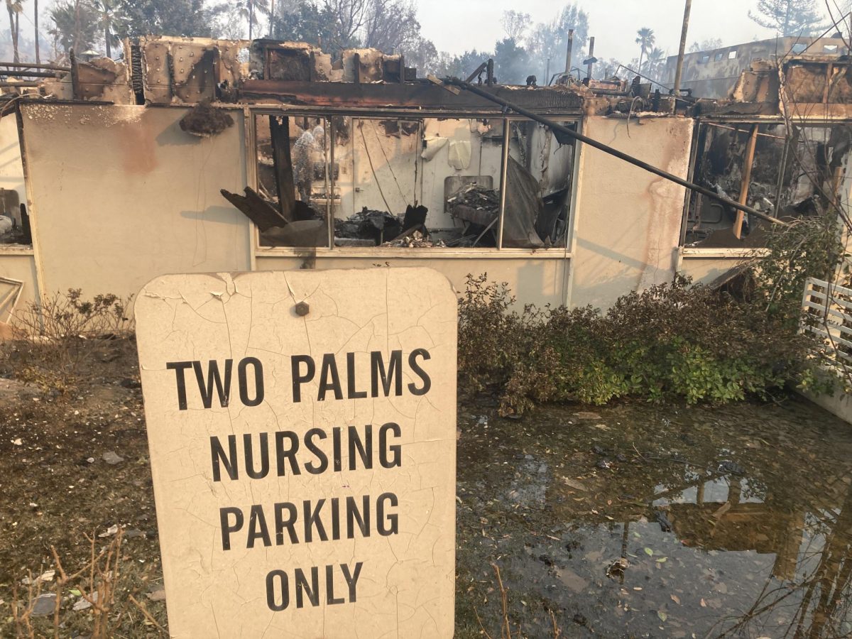 Burnt nursing home in the Eaton fire from the view of the parking lot.