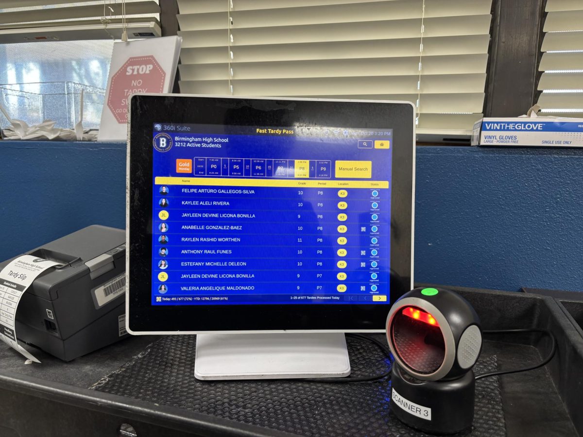 A monitor with a blue background and a yellow line going across the screen is used at the counseling office. The  new tardy system is used to track tardies of students at BCCHS.
(photo: Dylan Ruiz-Gonzalez)